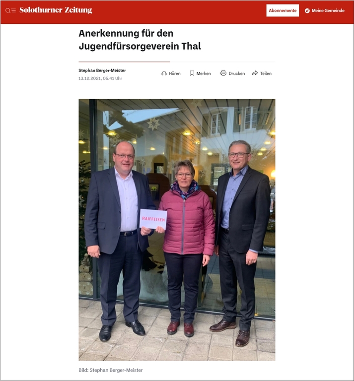 Anerkennung für den Jugendfürsorgeverein Thal